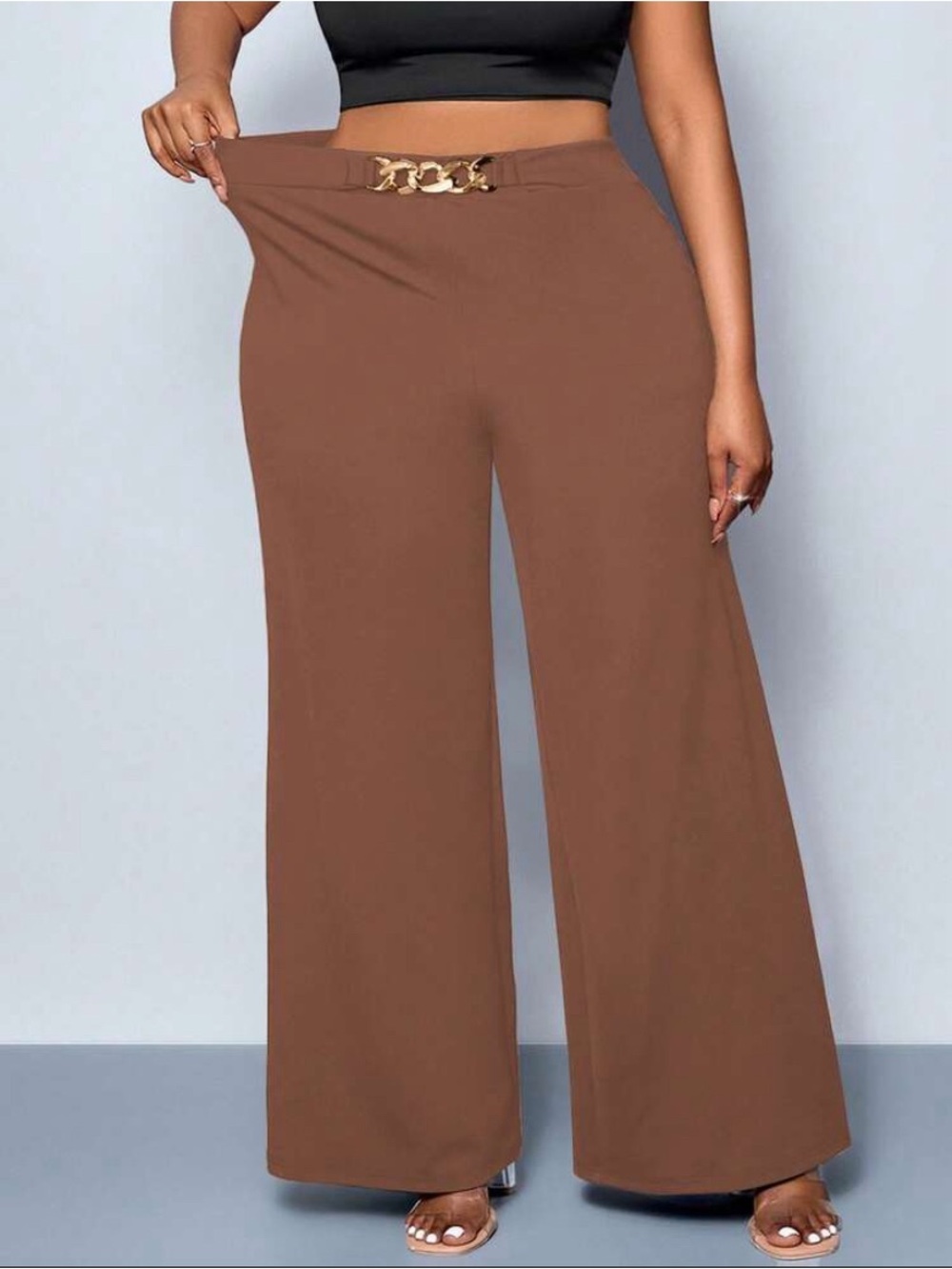🤎 NWT Plus Size Chocolate Brown Wide Leg Pants with Gold Chain Accent - 2XL 🤎 - Picture 3 of 10